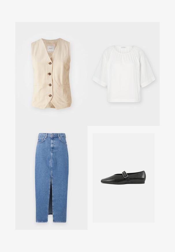 Gilet en lin beige avec un col en V, cinq boutons à l'avant et deux poches latérales. Présente un design épuré et ajusté avec une texture lisse.; Blouse blanche ample avec encolure ronde, tissu froncé au col et larges manches mi-longues avec des détails de couture horizontaux.; Jupe midi en denim bleu clair avec une fente avant, design classique à cinq poches et fermeture par bouton supérieur. Le tissu présente une légère texture.; Chaussure plate en cuir noir avec un orteil pointu, présentant une sangle à boucle métallique sur le cou-de-pied et une semelle basse et flexible.