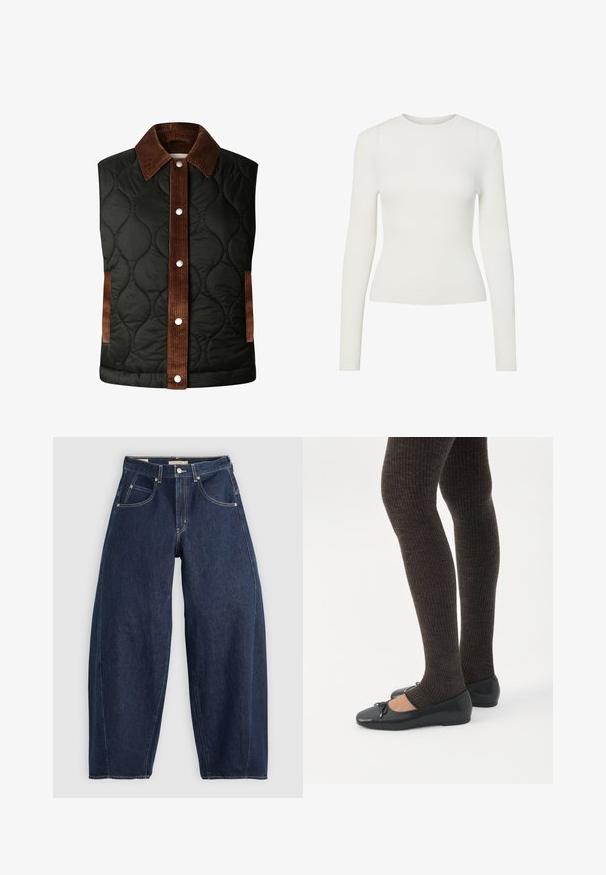 Quiltet sort vest med en brun fløjlskrave og stribedetaljer, der har sølvfarvede trykknapper og sidelommer.; Hvid langærmet ribbet top med rund halsudskæring, tætsiddende snit og glat tekstur. Minimalistisk design uden synlige mønstre eller pynt.; Mørkeblå denim jeans med løs pasform, lyse syninger, fem lommer og en knaplukning ved taljen.; Ben iført mørke ribbede leggings kombineret med sorte balletsko med små sløjfedetaljer på hvid baggrund.