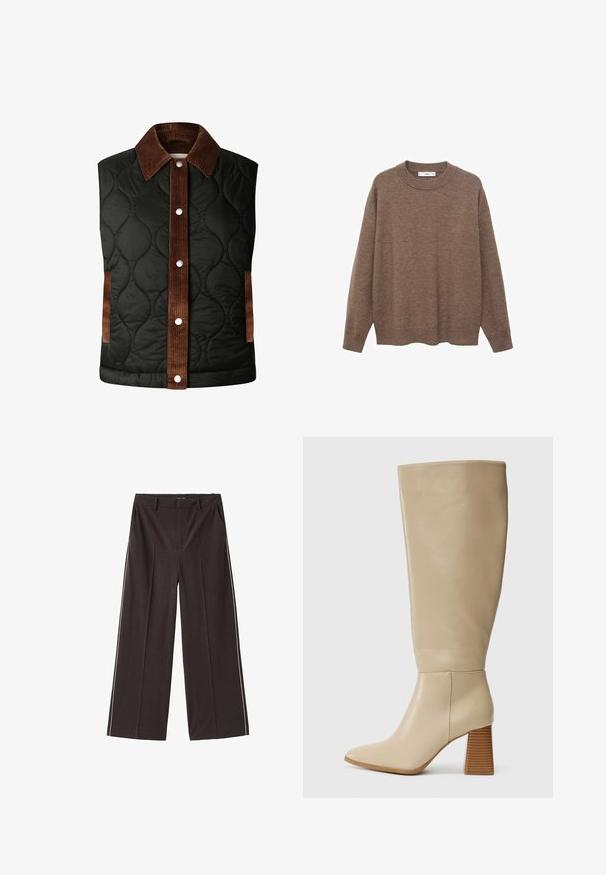 Gilet matelassé noir avec un col en velours côtelé marron et des détails rayés, doté de boutons-pression en argent et de poches latérales.; Pull en tricot marron avec un col rond et des manches longues. Présente une coupe décontractée et des poignets et un ourlet côtelés pour un ajout de texture.; Pantalons larges marron en tissu lisse avec des rayures blanches sur les côtés. Comprend des poches frontales et une taille haute.; Botte en cuir beige haute jusqu'au genou avec un bout pointu, un talon bloc texturé et une surface lisse. Détail de couture à la cheville et en haut de la tige.