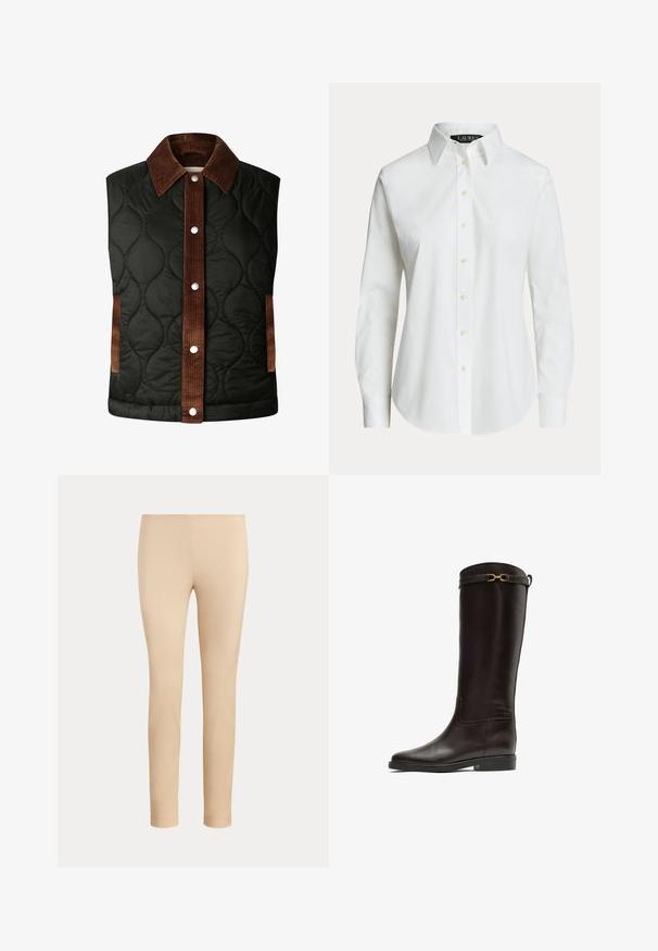 Quiltet sort vest med en brun fløjlskrave og stribedetaljer, der har sølvfarvede trykknapper og sidelommer.; Hvid langærmet skjorte med knapper, klassisk krave og synlige knapper foran, vist på en ensfarvet baggrund.; Beige slim-fit ankellange bukser med en glat finish og uden synlige lommer eller pynt på en ensfarvet baggrund.; Høj, mørkebrun læder ridestøvle med lav hæl og en gylden dekorativ spænde nær den øverste kant.