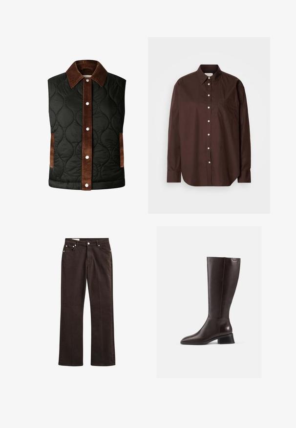 Gilet matelassé noir avec un col en velours côtelé marron et des détails rayés, doté de boutons-pression en argent et de poches latérales.; Chemise brune à boutons en tissu coton, dotée de manches longues, d'une poche poitrine, de boutons blancs et d'un col classique.; Jean droit marron foncé avec bouton à l'avant, fermeture éclair et design cinq poches sur fond blanc.; Bottes en cuir marron arrivant au genou avec une finition lisse, bout rond et un talon empilé noir. Design simple avec des détails matériels minimaux.