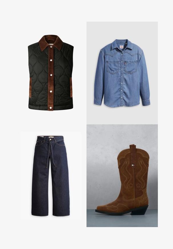 Quiltet sort vest med en brun fløjlskrave og stribedetaljer, der har sølvfarvede trykknapper og sidelommer.; Lyseblå denimskjorte med spidst krave, to brystlommer og trykknapper. Har et western-inspireret stykke på skuldrene.; Bredde ben mørkeblå denim jeans med høj talje, der har snoretræk, fem lommer og kontrastsyet detaljer.; Brun ruskind cowboystøvle med dekorativ syning og et flagemblem på skaftet, stående på et trægulv udendørs.