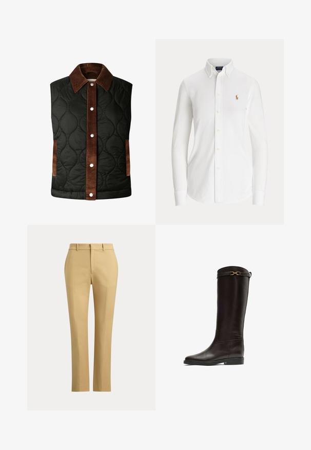 Gequilted zwarte vest met een bruine corduroy kraag en streepdetails, voorzien van zilveren drukknoopjes en zijzakken.; Witte blouse met lange mouwen, knopen, een button-down kraag en een klein geborduurd logo van een polo-speler op de borst.; Beige rechte broek met riemlussen, een rits aan de voorkant en op maat gemaakte plooien op een effen lichte achtergrond.; Hoge donkerbruine leren rijlaars met lage hak en gouden decoratieve gesp vlak bij de bovenrand.