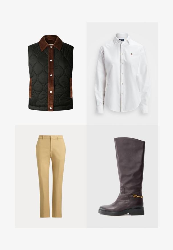 Gilet matelassé noir avec un col en velours côtelé marron et des détails rayés, doté de boutons-pression en argent et de poches latérales.; Chemise blanche à manches longues en coton, dotée d'un col classique et d'un petit logo brodé sur la poitrine.; Pantalon beige droit avec passants de ceinture, fermeture éclair à l'avant et plis sur mesure sur un fond clair uni.; Botte en cuir brun hauteur genou avec une texture lisse, dotée d'un accent en matériel doré et d'une épaisse semelle en caoutchouc noir.