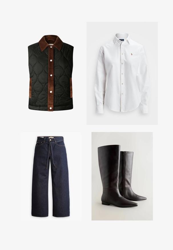 Quiltet sort vest med en brun fløjlskrave og stribedetaljer, der har sølvfarvede trykknapper og sidelommer.; Hvid langærmet skjorte med knapper lavet af bomuld, der har en klassisk krave og et lille broderet logo på brystet.; Bredde ben mørkeblå denim jeans med høj talje, der har snoretræk, fem lommer og kontrastsyet detaljer.; Brune læderstøvler op til knæet med spids tå, sidelås og glat tekstur; slankt design med minimale hardware-detaljer.