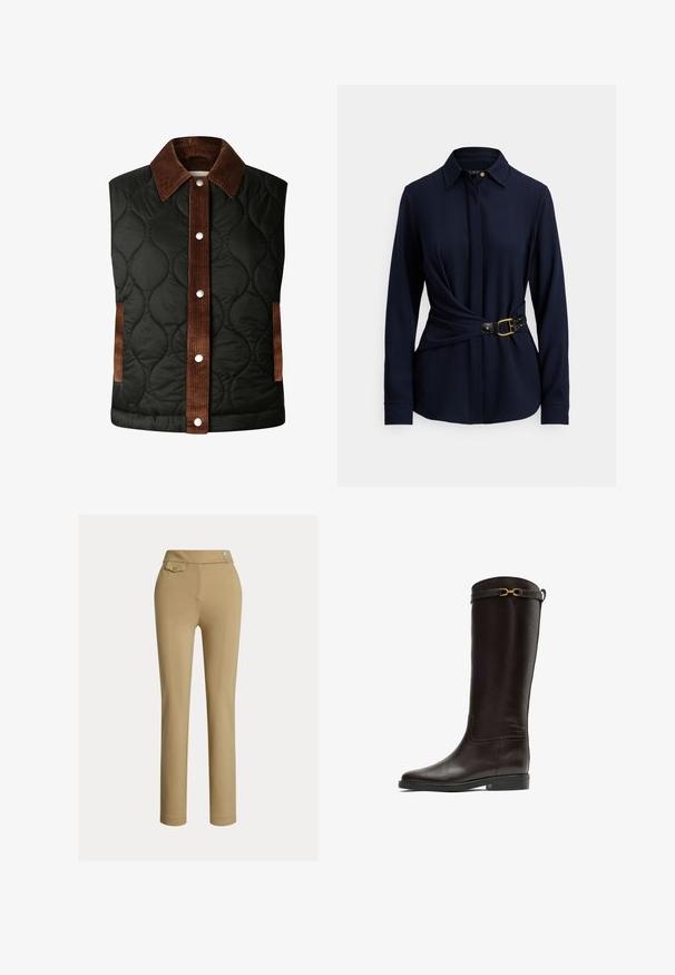 Quiltet sort vest med en brun fløjlskrave og stribedetaljer, der har sølvfarvede trykknapper og sidelommer.; Marineblå langærmet skjorte med krave, snoet frontdesign og sort bælte med guldfarvet spænde og nittebesætning. Blød tekstur i stoffet.; Beige slim-fit kvindebukser med høj talje, to knapper i siden og en lille lomme med knap nær taljebåndet.; Høj, mørkebrun læder ridestøvle med lav hæl og en gylden dekorativ spænde nær den øverste kant.
