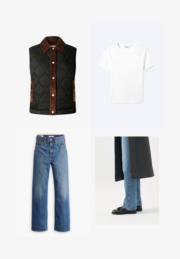 Gilet matelassé noir avec un col en velours côtelé marron et des détails rayés, doté de boutons-pression en argent et de poches latérales.; T-shirt blanc uni à manches courtes et col rond avec une petite étiquette "WEEKDAY" à l'intérieur de l'encolure, présenté à plat sur un fond clair.; Jean en denim bleu clair avec une taille haute, une coupe à jambes larges, un style classique à cinq poches et un léger délavage sur le tissu.; Mocassins en cuir noir avec des pampilles, portés avec un jean droit bleu clair, complétés par un manteau gris foncé. Lignes épurées et tissu texturé.