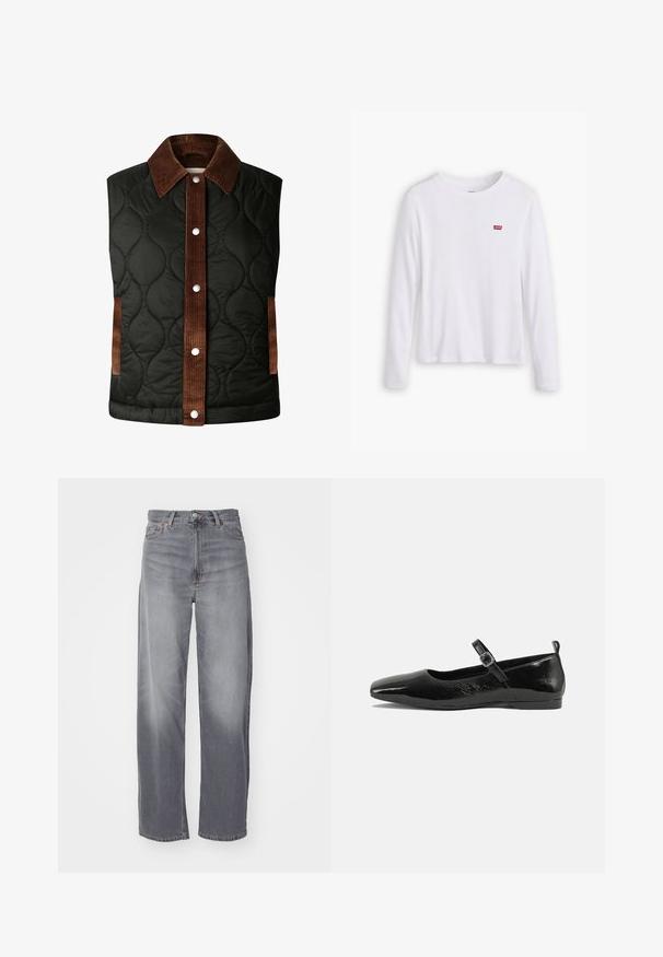 Quiltet sort vest med en brun fløjlskrave og stribedetaljer, der har sølvfarvede trykknapper og sidelommer.; Hvid langærmet skjorte lavet af blødt bomuld. Har et lille rødt Levi's logo på venstre bryst. Klassisk crew neck design.; Weekday RAIL MID LOOSE STRAIGHT - Jeans Straight Leg - misty grey; Sorte patentlæder flade sko med spidse tæer, en ankelrem med spænde og en glat, blank tekstur. Lav hæl for komfort.