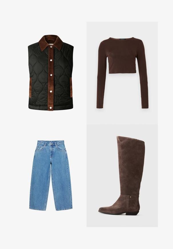 Quiltet sort vest med en brun fløjlskrave og stribedetaljer, der har sølvfarvede trykknapper og sidelommer.; Brun langærmet cropped top lavet af glat materiale, med en rund halsudskæring og tætsiddende design. Ingen synlige mønstre eller accenter.; Blå denim jeans med brede ben, høj talje, knap- og lynlåslukning, lommer foran og bagpå samt bæltestropper.; Brune ruskinds knæhøje støvler med en let spids tå, lav hæl, glat tekstur og en gylden accentstud nær anklen.