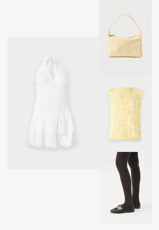 Gul strikket vest med V-hals, åbenvævningsmønstre og snører foran. Blød tekstur med en afslappet pasform.; Hvid halterneck-kjole med en smocket bodice og lagdelt nederdel. Har en scalloped kant og øjelet detaljer nederst. Blød bomuldsstruktur.; Ben iført mørke ribbede leggings kombineret med sorte balletsko med små sløjfedetaljer på hvid baggrund.; Lille beige læderhåndtaske med en enkelt rem og sølvnitter langs kanterne og remmen, sat mod en ensfarvet baggrund.