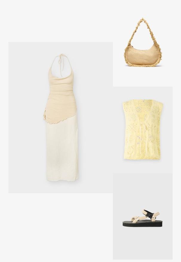 Gul strikket vest med V-hals, åbenvævningsmønstre og snører foran. Blød tekstur med en afslappet pasform.; Ærmeløs beige haltertopkjole med ribbet bodice og lagdelt asymmetrisk draperet nederdel i creme- og lysebeige toner.; Vævede remsandaler med en cremefarvet reb-overdel, sort sål, struktureret fodseng og kontrasterende hvid syning.; Struktureret beige taske med en rund form, frynset kant langs kanterne og en kort rem til at bære. Lynlåsåbning på toppen.