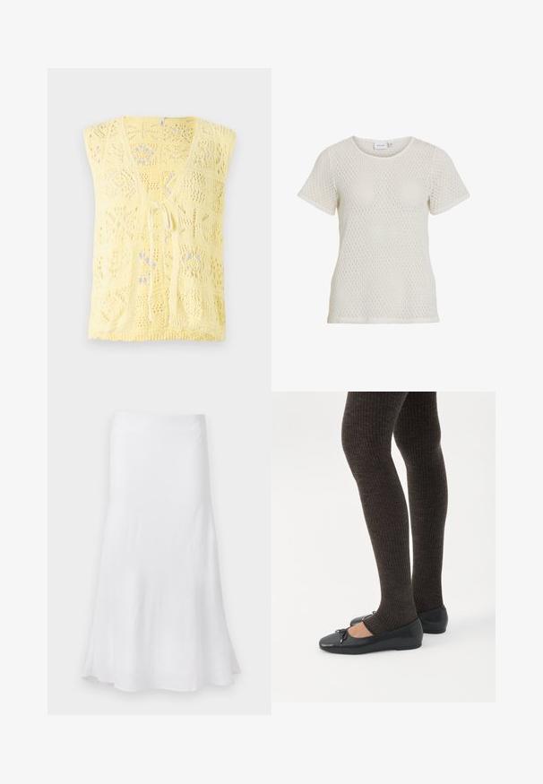 Gilet en tricot jaune avec un col en V, des motifs ajourés et une fermeture à nouer à l'avant. Texture douce avec une coupe décontractée.; T-shirt blanc à manches courtes en tricot, présentant une texture à motifs en diamant et un col rond. Coupe décontractée avec un tissu doux et respirant.; Jupe blanche avec une coupe en A fluide, fabriquée dans un tissu léger. Texture lisse, longueur genou, arborant un design simple sans motifs.; Jambes portant des leggings côtelés foncés associés à des ballerines noires avec de petits détails en nœud sur fond blanc.