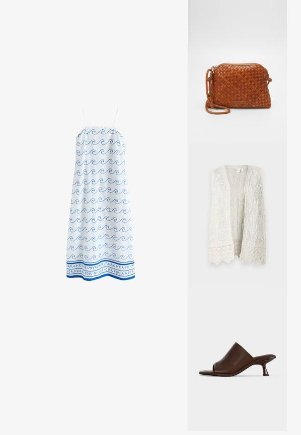 Chaleco sin mangas de color crema con un intrincado patrón de encaje, que presenta motivos circulares y bordes texturizados, diseño de abertura frontal.; Vestido veraniego blanco con tirantes finos, estampado de olas azules y nombres de islas griegas escritos en azul a lo largo del dobladillo.; Mule de cuero marrón oscuro con puntera abierta, tacón bajo curvo y diseño sin cordones sobre fondo blanco.; Bolso cruzado de cuero trenzado marrón con cierre de cremallera, forma redondeada y una correa trenzada. Presenta una pequeña placa de logo rectangular.