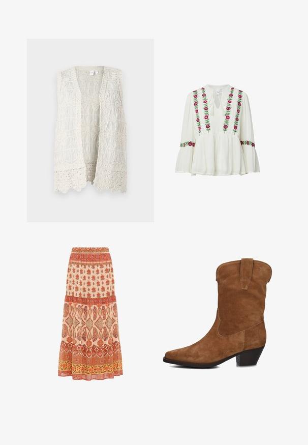 Crème-kleurige mouwloze vest met een ingewikkeld kantpatroon, voorzien van cirkelvormige motieven en gestructureerde randen, open voorkantontwerp.; Witte blouse met lange mouwen met roze en paarse bloemenborduursel aan de voorkant en op de mouwen, met een keyhole-halslijn met strik en uitlopende manchetten.; Lange rok met rode, oranje en gele bloem- en geometrische patronen in horizontale secties op een beige achtergrond.; Notre-V Cowboy-/Bikerlaarsjes - cognac