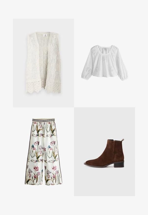 Chaleco sin mangas de color crema con un intrincado patrón de encaje, que presenta motivos circulares y bordes texturizados, diseño de abertura frontal.; Blusa blanca de manga larga con cuello redondo y patrones circulares bordados con encaje de ojales en el frente y las mangas.; Pantalones de pierna ancha con cinturilla elástica, fondo crema, franjas laterales verticales y estampado floral multicolor con tulipanes y hojas.; Botín de ante marrón hasta el tobillo con punta redondeada, tacón bajo en bloque y cremallera lateral. Cuenta con una tira en la parte posterior para facilitar el uso.
