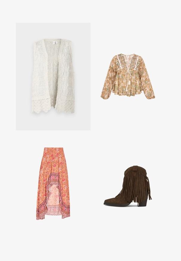 Crème-kleurige mouwloze vest met een ingewikkeld kantpatroon, voorzien van cirkelvormige motieven en gestructureerde randen, open voorkantontwerp.; Losse blouse met lange mouwen, beige, groene en bruine paisley-print, geborduurde pasvorm en voorstrik met kwastjes.; Bloemenmaxi-rok met een smockband, voorzien van een oranje basis, roze en rode bloemen, en contrasterende, gemusterde zoomdetails.; Bruine suède enkellaars met franjes en gestapelde houten blokhak, zijaanzicht op witte achtergrond.