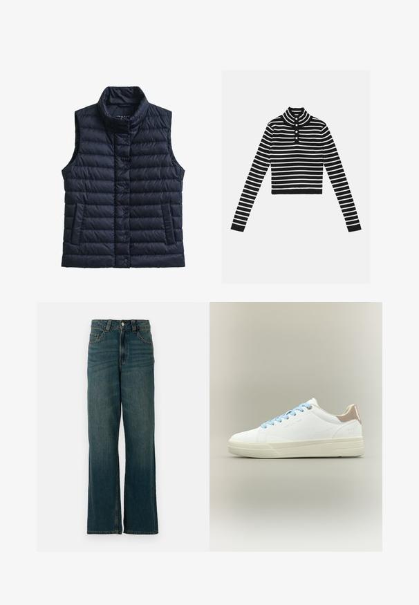 Marineblå, puffy vest uden ærmer med tragtkrave, knaplukning, to sidelommer og quiltet tekstur. Har diskret branding på brystet.; Sort og hvid stribet cropped sweater med høj krave og tre knap stolpe. Har lange ærmer og ribbet tekstur.; Straight-leg blå denim jeans med fem lommer og knaplukning, vist på en hvid baggrund.; Hvid sneaker i lav model med lyseblå snørebånd og beige metallisk hælkappe, på en neutral baggrund.