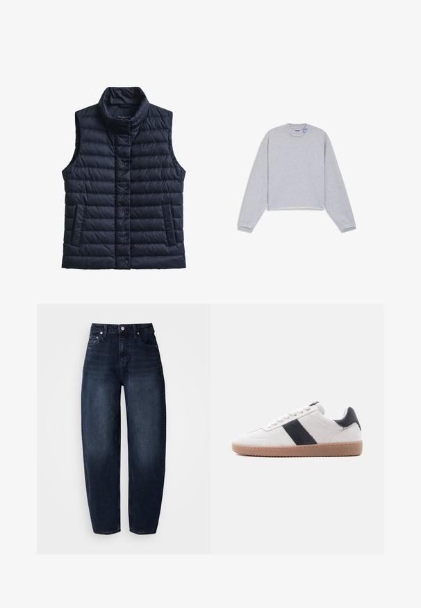 Veste sans manches matelassée bleu marine avec col cheminée, fermeture à boutons, deux poches latérales et texture matelassée. Présente un logo discret sur la poitrine.; Sweat-shirt court gris clair à manches longues, avec poignets côtelés, ourlet brut et petit détail bleu brodé près du col.; Jean en denim bleu foncé à coupe décontractée, présentant une taille haute, une coupe droite et un style classique à cinq poches.; Baskets en daim blanc avec semelle en caoutchouc marron clair et bande en cuir noir ainsi que un onglet au talon, vues de côté sur un fond blanc.