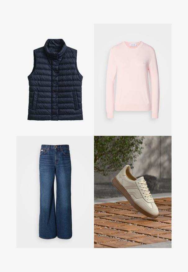 Marineblå, puffy vest uden ærmer med tragtkrave, knaplukning, to sidelommer og quiltet tekstur. Har diskret branding på brystet.; Lys pink strikket sweater med rund hals, lange ærmer og ribbede manchetter. Har et lille broderet logo på brystet. Blød tekstur.; Bredde jeans lavet af mørkeblåt denim. Funktioner inkluderer en høj talje, fem lommer og kontrasterende orange syninger langs sømmene.; Sneakers i cremefarve med en struktureret beige gummisål, snøredesign og diskret brand på siden. Overdel i glat læder.