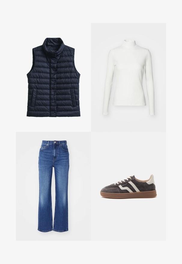 Marineblå, puffy vest uden ærmer med tragtkrave, knaplukning, to sidelommer og quiltet tekstur. Har diskret branding på brystet.; Hvid ribbet turtleneck blouse med lange ærmer, lavet af elastisk stof. Har et tætsiddende design og høj hals for god dækning.; Blå denim flared jeans med høj talje, fem lommer, subtil falmning og kontrasterende syninger. Har lynlås og knaplukning.; Enkel mørkegrå sneaker med hvide læderdetaljer, teksturerede sider, hvide snørebånd og en brun gummisål, vist fra siden på en ensfarvet baggrund.