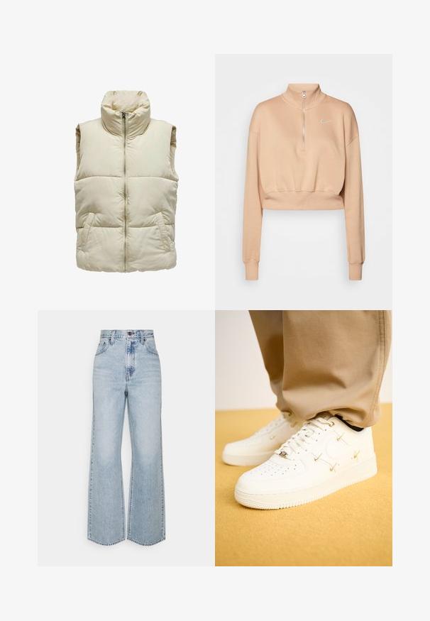 Puffy beige vest met hoge kraag, ritssluiting aan de voorkant en twee zijzakken. Kenmerkt zich door een gequilt patroon voor extra textuur en warmte.; Nike Sportswear Sweater - hemp/sail; Lichtblauwe denim broek met wijde pijpen, hoge taille, klassiek vijfzakkenontwerp en contrasterende stiksels. Rauwe zoom aan de onderkant.; Witte leren sneakers met geperforeerde neus, gouden accenten en platte veters, gecombineerd met beige broek op een gestructureerde gele ondergrond.
