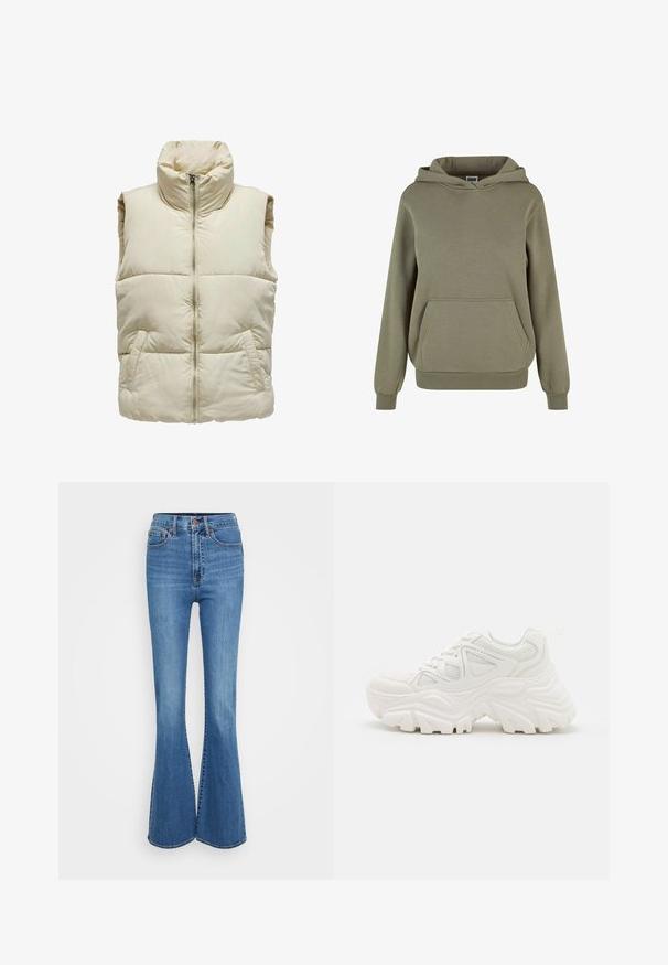 Puffy beige vest med høj krave, frontlynlås og to sidelommer. Har et kviltet mønster for ekstra tekstur og varme.; Olivengrønn hættetrøje i blødt stof, med en frontlomme (kangaroo pocket), ribbede manchetter og kant; afslappet og løs pasform.; Blå denim jeans med bredde i bunden og høj talje, med stiklommer, metalknap og en glat struktur. Klassisk fem-lommes design.; Hvide chunky sneakers med en tekstureret overdel, mesh-paneler og tykke gummisåler med et markant dækmønster. Snørebånd og en pull-tab medfølger.