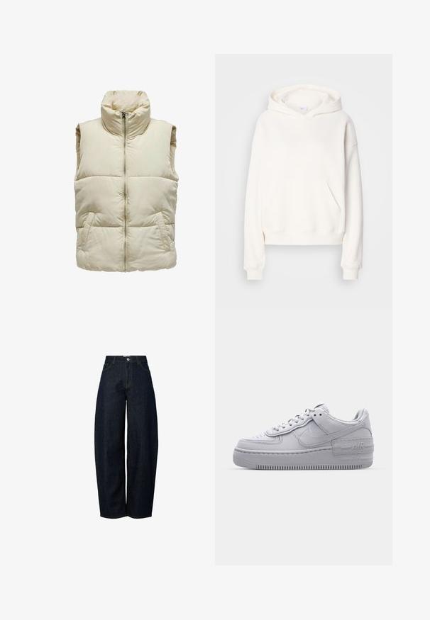 Puffy beige vest met hoge kraag, ritssluiting aan de voorkant en twee zijzakken. Kenmerkt zich door een gequilt patroon voor extra textuur en warmte.; Witte hoodie gemaakt van zacht materiaal, met een voorzak en ribgebreide manchetten, in een comfortabele pasvorm en een minimalistisch ontwerp.; Wijde donkerblauwe denim jeans met een hoge taille, afgewerkt met contrasterende oranje stiksels en een knoopsluiting aan de voorkant.; Grijze Nike Air Force 1 sneaker met geperforeerde neus, glad leren bovenwerk, dikke zool en verhoogde 'AIR' details op de hiel.