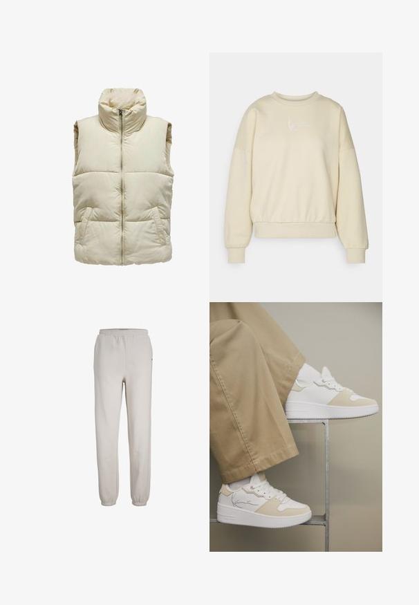 Puffy beige vest met hoge kraag, ritssluiting aan de voorkant en twee zijzakken. Kenmerkt zich door een gequilt patroon voor extra textuur en warmte.; Beige sweatshirt met een ronde hals, verlaagde schouders en elastische tailleband. Heeft geborduurde witte tekst op de borst. Zachte stoffen textuur.; Lichtbeige joggerbroek met elastische taille en enkels, een losse pasvorm en een gladde stoftextuur.; Witte sneakers met beige accenten gedragen met beige broek, voeten rustend op een minimalistisch metalen frame tegen een neutrale achtergrond.