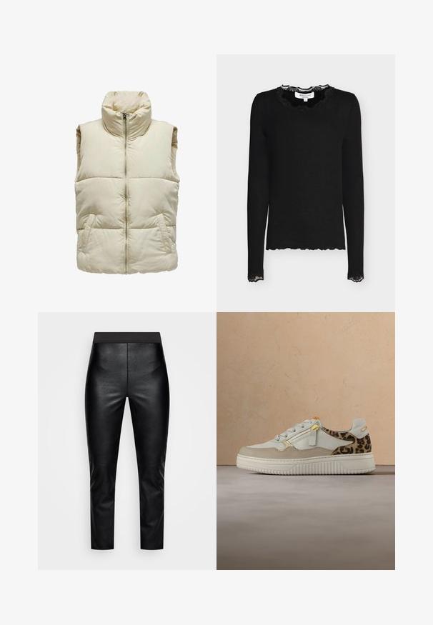 Puffy beige vest med høj krave, frontlynlås og to sidelommer. Har et kviltet mønster for ekstra tekstur og varme.; Sort langærmet ribbet top med blondetrim på krave og manchetter, lille størrelse label synlig inde i halsudskæringen.; Sorte faux læder leggings med en glat tekstur, tætsiddende pasform og bred elastisk talje, der har sømdetaljer langs siderne.; Sneakers med hvidt læderoverdel, beige accenter og leopardprint på hælen. Har en tekstureret ydersål og detaljer i guld.