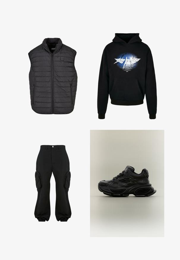 Chaleco acolchado negro sin mangas con cuello alto, cierre de cremallera, dos bolsillos laterales, costuras horizontales y un pequeño parche de logo en el pecho.; Sudadera negra con un gráfico central blanco que presenta un diseño de explosión en azul y gris y el texto "Más alto que el cielo" en una fuente estilizada. Con bolsillo frontal.; Pantalones cargo negros con un corte relajado, que cuentan con dos bolsillos laterales, puños elásticos en los tobillos y un cierre de botón en la cintura.; Zapatilla deportiva negra y gruesa con diseño texturizado, suela gruesa y cierre de cordones mostrada sobre un fondo neutro y sencillo.