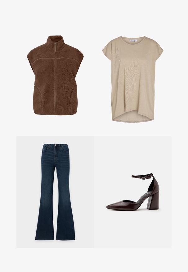 Veste sans manches en polaire marron avec col haut et fermeture éclair à l'avant.; Haut en maille beige à manches courtes, coupe ample, avec un col rond et un ourlet arrière légèrement plus long.; Jean en denim bleu foncé taille haute avec coupe évasée, fermeture devant par bouton et zip, poches devant et derrière.; Chaussure à talon haut en cuir marron foncé à bout pointu, avec bride à la cheville et boucle argentée sur fond blanc.