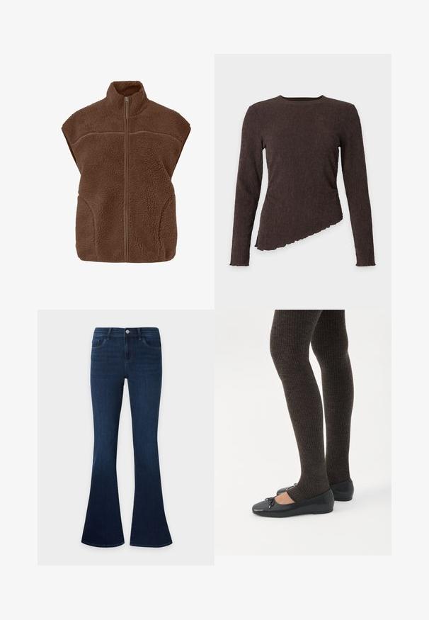Veste sans manches en polaire marron avec col haut et fermeture éclair à l'avant.; Haut à manches longues côtelé marron foncé avec encolure ronde et ourlet asymétrique à bords festonnés sur fond uni.; Jean en denim bleu foncé avec une taille haute et des jambes évasées, avec poches avant, passants de ceinture et fermeture par bouton.; Jambes portant des leggings côtelés foncés associés à des ballerines noires avec de petits détails en nœud sur fond blanc.