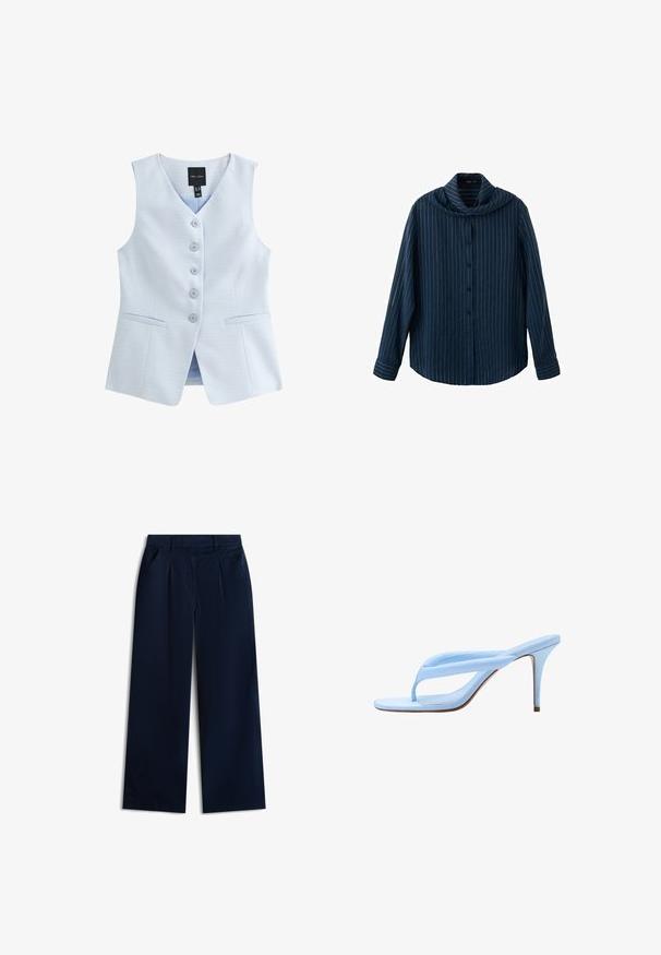 Lichtblauw, mouwloos vest van een textuurstof. Heeft een v-hals, zes knopen aan de voorkant en twee voorzakken.; Marineblauw overhemd met lange mouwen, witte verticale krijtstreepjes en een brede, vallende kraag.; Marineblauwe wide-leg broek met zijzakken, ceintuurlussen, plooien in de taille en een ritssluiting aan de voorkant.; Lichtblauwe hooggehakte sandaal met dunne zool, gevoerde teenslipperband en stijve stilettohak, zijaanzicht op witte achtergrond.