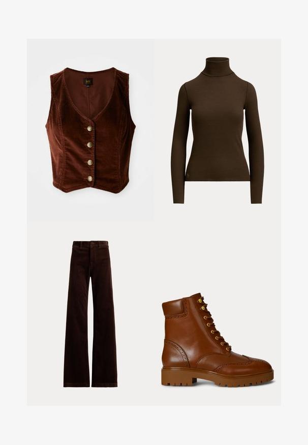 Bruine corduroy mouwloze top met een diepe V-halslijn en vijf gouden knopen, met een getextureerd oppervlak en een getailleerd ontwerp.; Donkerbruine, geribde, coltrui met lange mouwen, getailleerd silhouet en klein logo vlak bij de onderste zoom aan de voorkant links.; Donkerbruine wijdvallende ribfluwelen broek met lussen voor een riem en een knoopsluiting aan de voorkant op een effen achtergrond.; Bruine leren enkellaarsjes met een ronde neus, gouden oogjes en brogue-details. Stevige bruine rubberen zool met een gestructureerd profiel.