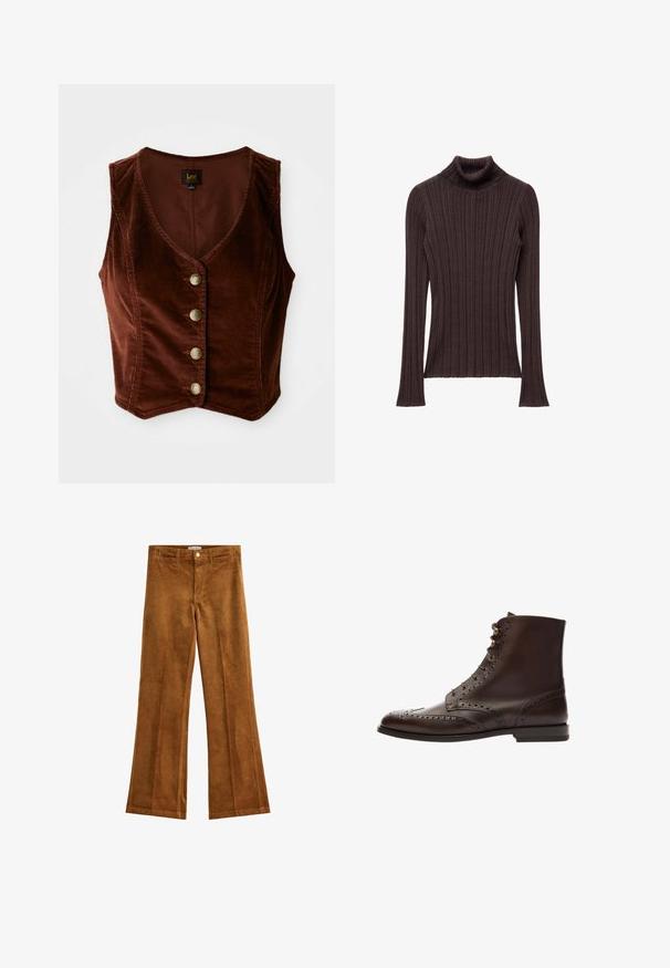 Brun kordfløjl ærmeløs top med en dyb V-hals og fem guldknapper, med en tekstureret overflade og tætsiddende design.; Mørkebrun ribbet turtleneck sweater med en tæt siddende krave og lange ærmer, der har en struktureret tekstil og lige kant.; Brune fløjl flared bukser med en tekstureret finish, fem lommer og knaplukning. Flad talje med bæltestropper og et bred ben design.; Brune læder ankelstøvle med brogue-detaljer, rund tå og snørebåndsdesign med metaløjer. Glat tekstur og solid sål.