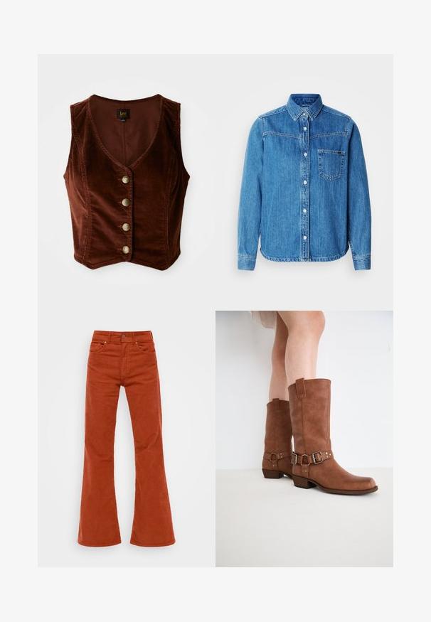 Brun kordfløjl ærmeløs top med en dyb V-hals og fem guldknapper, med en tekstureret overflade og tætsiddende design.; Blå denim skjorte med knapper, krave, brystlomme og hvide knapper. Har en let buet kant og lange ærmer.; Rustfarvede fløjl flared bukser med høj talje, fem lommer og lukning med frontknap. Blød tekstur og synligt fløjlsmønster.; Brune læderankelstøvler med en let spids tå, dekorative spænder og en lav stablet hæl. Glat tekstur med en mat finish.