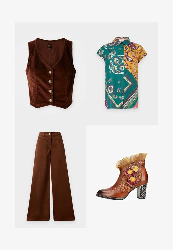 Brun kordfløjl ærmeløs top med en dyb V-hals og fem guldknapper, med en tekstureret overflade og tætsiddende design.; Kortærmet skjorte med knapper foran i grønne og gule paisley- og geometriske lapper på en hvid baggrund.; Brune kordfløjs bredbenede bukser med høj talje, med en frontknaplukning og to forlommer. Blød tekstur med lodrette ribber.; Brun læderankelstøvle med blomstret broderi, dekorative nitter, flæset stofkant og udsmyttet sort mønstret blokhælk.