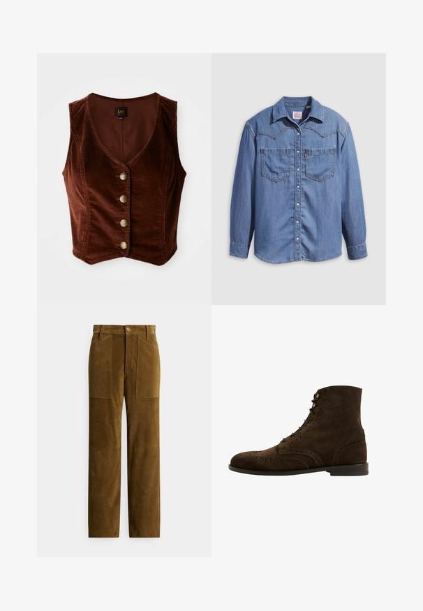 Brun kordfløjl ærmeløs top med en dyb V-hals og fem guldknapper, med en tekstureret overflade og tætsiddende design.; Lyseblå denimskjorte med spidst krave, to brystlommer og trykknapper. Har et western-inspireret stykke på skuldrene.; Brune ruskindsbukser med lige pasform, der har to forlommer med lap og en glat tekstur. Knappelukning i taljen.; Brune ruskinds ankelstøvler med wingtip-design, rund tå og seks snørehuller. Glat læder sål med minimal mønster.