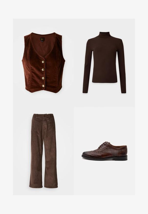 Brun kordfløjl ærmeløs top med en dyb V-hals og fem guldknapper, med en tekstureret overflade og tætsiddende design.; Mørkebrunt langærmet ribbet polo med tætsiddende silhuet på ensartet lys baggrund.; Brune fløjl bukser med en bred benudskæring, der har lodrette ribber og en talje. Stoffet har et blødt, tekstureret udseende.; Brun læder herre wingtip selskabssko med brogue-detaljer og ternede stofsider, vist fra siden på en hvid baggrund.