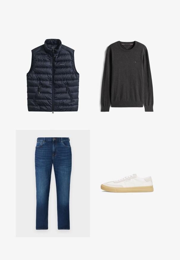 Marineblauw gewatteerd vest met hoge kraag, ritssluiting aan de voorkant en twee ritssluitingen aan de zijkanten. Gemaakt van lichtgewicht stof met doorgestikte textuur.; Donkergrijze trui met lange mouwen en een ronde hals, met geribbelde boorden en zoom, met een klein rechthoekig logo op de linkerborst.; Donkerblauwe spijkerbroek met lichte vervaging, voorzakken, riemlussen en een knoopsluiting op een effen achtergrond.; Witte sneakers van leer en suède, met een vetersluiting, een tan rubberen zool en een klein logo aan de zijkant.