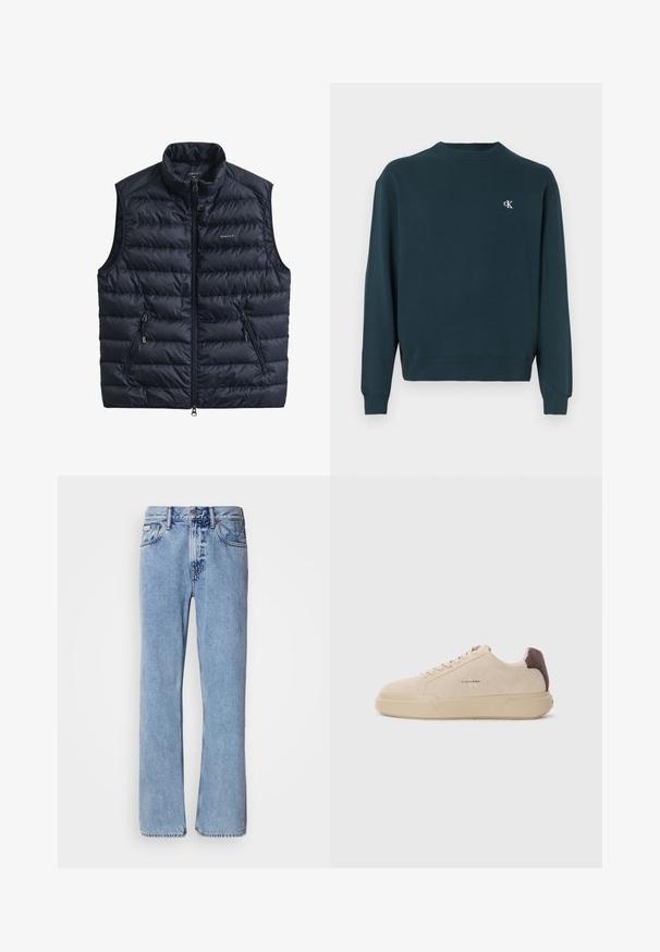 Marineblauw gewatteerd vest met hoge kraag, ritssluiting aan de voorkant en twee ritssluitingen aan de zijkanten. Gemaakt van lichtgewicht stof met doorgestikte textuur.; Donkergroene crewneck-trui van katoen met lange mouwen, geribbelde manchetten en een klein wit logo op de borst. Soepele textuur.; Lichtblauwe denim jeans met een recht ontwerp, vijf zakken en een knoopsluiting. Stikdetails nabij de zakken en de tailleband.; Beige suède sneakers met een ronde neus, vetersluiting aan de voorkant en een bruine suède accent op de hiel. Beschikt over een gestructureerde rubberen zool.