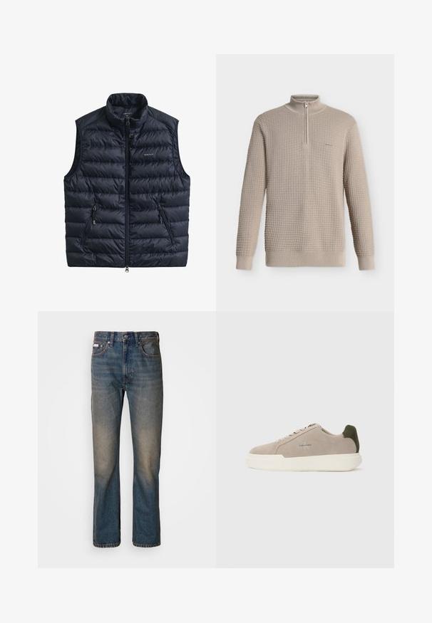 Marineblauw gewatteerd vest met hoge kraag, ritssluiting aan de voorkant en twee ritssluitingen aan de zijkanten. Gemaakt van lichtgewicht stof met doorgestikte textuur.; Beige wafelhoed trui met lange mouwen, halve rits aan hoge kraag, met geribde boorden en zoom, afgebeeld op een witte achtergrond.; Hoge taille blauwe spijkerbroek van denim, met een rechte pijpontwerp, vervaagde versleten plekken en traditionele vijf-pocket styling.; Beige suède sneakers met een witte rubberen zool, voorzien van een donkergroene hielaccent en subtiele branding aan de zijkant.