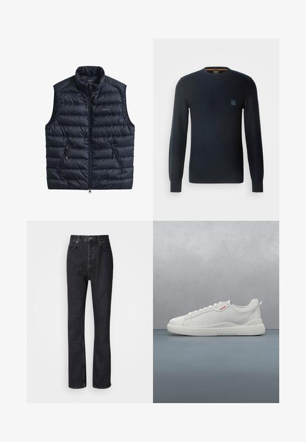 Marineblauw gewatteerd vest met hoge kraag, ritssluiting aan de voorkant en twee ritssluitingen aan de zijkanten. Gemaakt van lichtgewicht stof met doorgestikte textuur.; Gebreide donkerblauwe trui met lange mouwen, ronde hals, textuurstof en een klein logo-opnäher op de borst.; Hoge taille zwarte denim jeans met een knoop- en ritssluiting, voor- en achterzakken en een rechte pasvorm.; Witte sneaker met een gladde leren afwerking, ronde neus, vier veterogen, subtiele perforaties en een rood logo detail aan de zijkant.