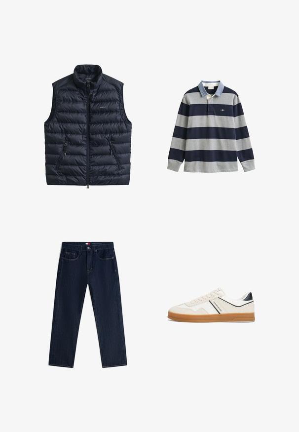 Chaleco acolchado azul marino con cuello alto, cremallera frontal y dos bolsillos laterales con cremallera. Fabricado con tejido ligero de textura acolchada.; Camiseta de rugby de manga larga con amplias rayas horizontales en azul marino y gris, cuello azul claro y pequeño logotipo en el pecho izquierdo.; Vaqueros azul oscuro de corte recto con bolsillos frontales, cierre de botones y pequeño logo en el bolsillo pequeño derecho.; Zapatilla blanca y beige con parte superior de ante texturizado y piel lisa, con suela de goma, acentos en negro y cordones.