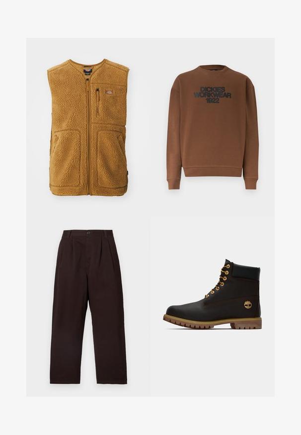 Brun sherpa fleece vest med frontlynlås, tre lommer og et lille logo-patch på øverste venstre bryst.; Brun langærmet crewneck-sweatshirt med ribstrikkede ærmeafslutninger og kant, med teksten "DICKIES WORKWEAR 1922" i sort på brystet.; Mørkebrune plisserede bukser med knaplukning, lavet af blød bomuld. Har lige ben og en subtil tekstur.; Sorte læder ankelstøvle med gyldne øjer, brune detaljer og gummisål. Har en polstret krave og præget logo på siden.