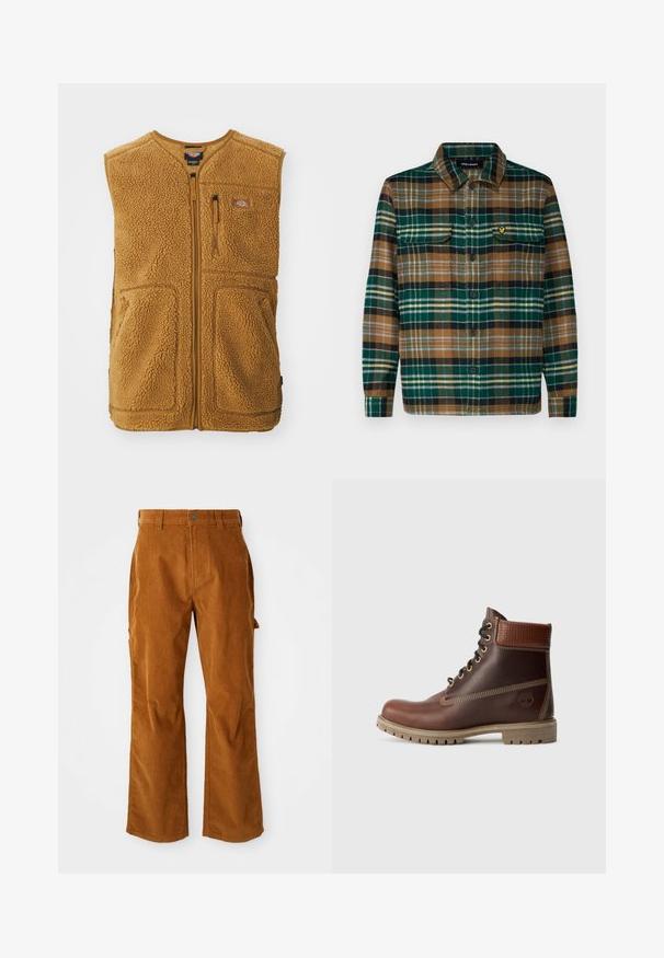 Brun sherpa fleece vest med frontlynlås, tre lommer og et lille logo-patch på øverste venstre bryst.; Skjorte i ternet flannel i grøn, brun og sort med knaplukning fortil, to brystlommer og et lille broderet logo på venstre lomme.; Brune kordfløjlsbukser med en udvidet benstruktur, med sidelommer og en frontknaplukning. Teksturen er blød og ribbet.; Brun læder snørebånd ankelstøvle med polstret krave, kontrastsyning og robust sål, vist fra ydersiden på en hvid baggrund.