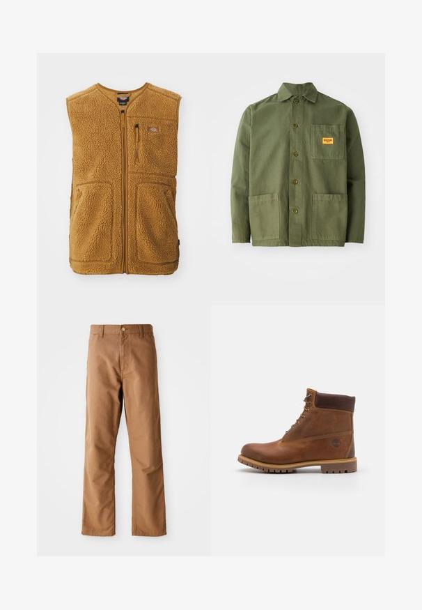 Brun sherpa fleece vest med frontlynlås, tre lommer og et lille logo-patch på øverste venstre bryst.; Oliven grøn jakke lavet af tung bomuld, med en spids krave, frontknapper og to store påsætningslommer. Inkluderer et lille logo patch.; Brune lige ben bukser med bæltestropper, forlommer, knaplukning og lynlåsgylp på hvid baggrund.; Brun læder vandrestøvle med en glat finish, polstret ankel, metalliske snørehuller og en gummisål med et robust dækmønster.