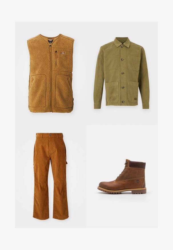 Braune Sherpa-Fleece-Weste mit Frontreißverschluss, drei Taschen und einem kleinen Logo-Patch auf der oberen linken Brust.; Olivgrüne Canvas-Jacke mit Kragen, zwei Fronttaschen und Knopfverschluss. Strukturierter Stoff mit sichtbaren Nahtdetails.; Braune Cordhosen mit einem ausgestellten Beindesign, ausgestattet mit Seitentaschen und einem Knopfverschluss vorne. Die Textur ist weich und gerippt.; Braune Lederwanderschuhe mit glatter Oberfläche, gepolstertem Knöchel, Metallösen und einer Gummisohle mit robustem Profil.