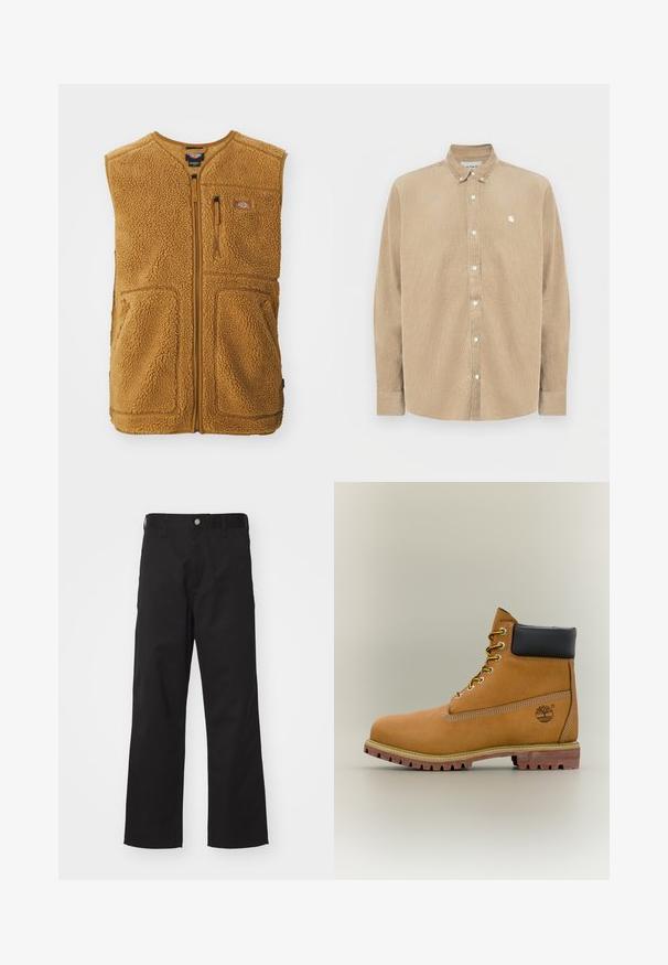 Brun sherpa fleece vest med frontlynlås, tre lommer og et lille logo-patch på øverste venstre bryst.; Beige fløjlsbukse-skjorte med knapper og krave, hvide knapper og en lille logo på venstre bryst. Har lange ærmer og en lige snit.; Sorte bukser lavet af slidstærkt stof med lige pasform, der har knaplukning foran, bæltestropper og ingen synlige mønstre eller accenter.; Brun læderankelstøvle med sort krave, gule snørebånd og tanfarvet sål. Har logo og hvide syninger som detalje. Robust ydersål med greb.