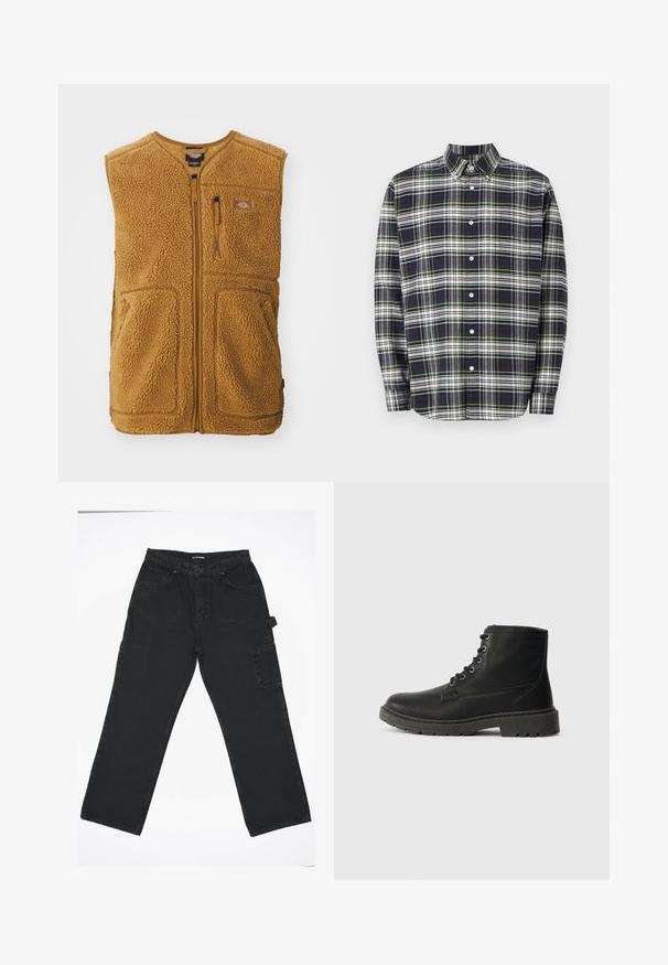 Brun sherpa fleece vest med frontlynlås, tre lommer og et lille logo-patch på øverste venstre bryst.; Langærmet plaid skjorte i marineblå, grøn og hvid. Har en button-down krave, forreste knapper og en afslappet pasform. Fremstillet af bomuldsstof.; Sorte denimbukser med lige ben-design, der har en frontknaplukning, baglommer og en sidelomme.; Sort læder ankelstøvle med snørebånd, tyk gummisål, tekstureret overflade og forstærket syning. Har minimalistisk branding.